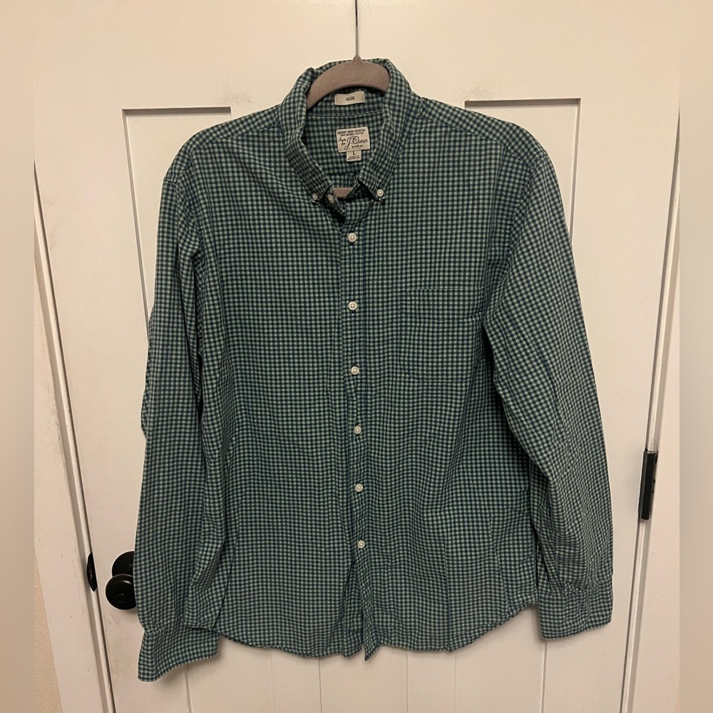 J. Crew Slim Secret Wash stretch organic cotton gingham shirt blue green large L
